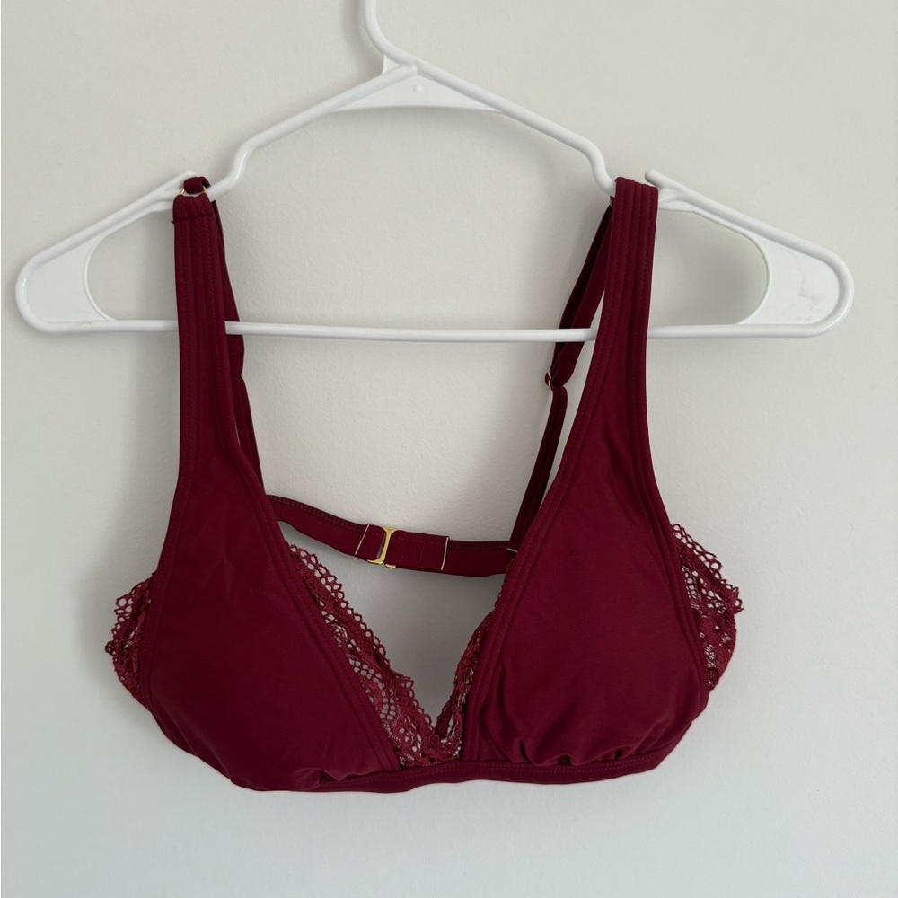 Elegant Lace Trim Burgundy Swimsuit Top
